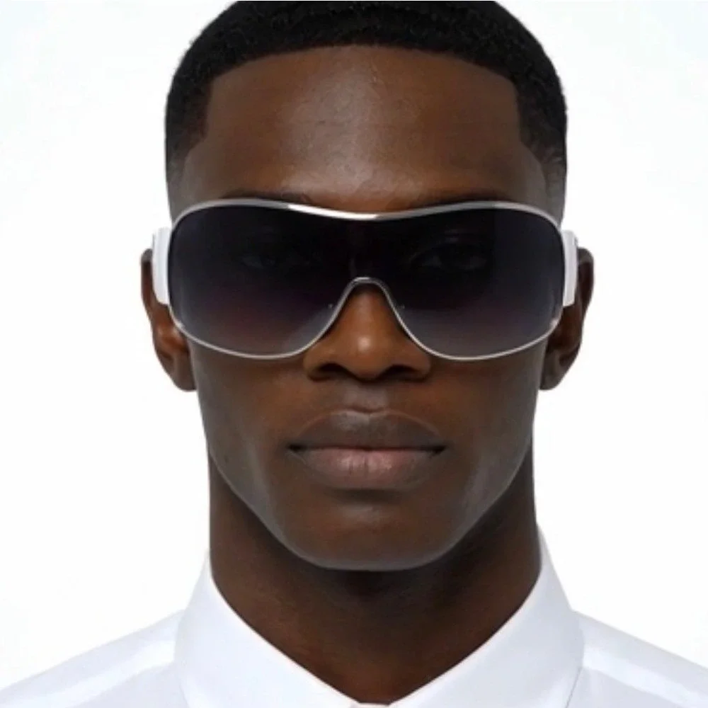 Men Shield Sunglasses Silver White Wrap Oversize Smoke Gradient Lens Performance